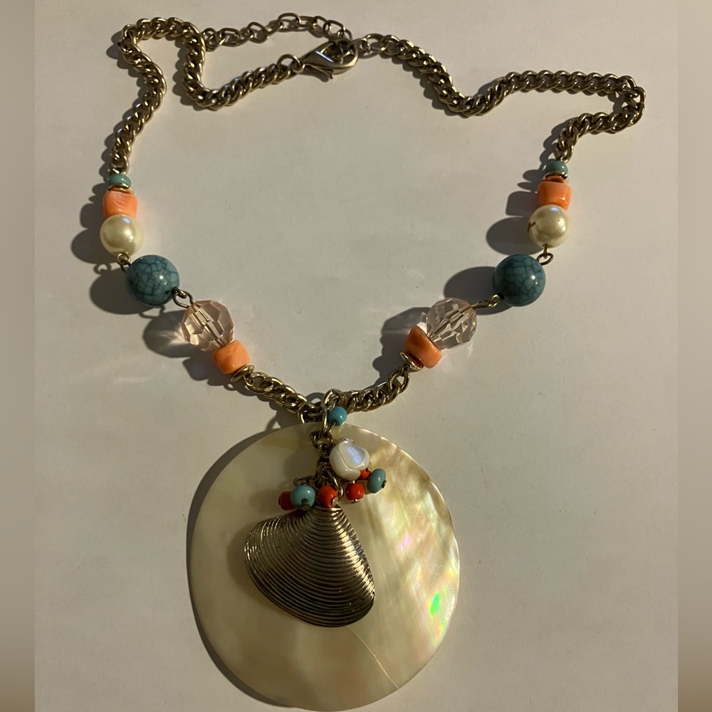 New Directions Gold and Cream Shell Medallion Necklace with Colorful Beads